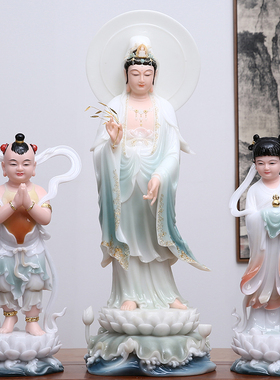 速发汉白玉观音菩萨家用供奉金童玉善护龙法财南海观世音佛像摆件