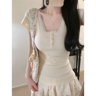 微透蕾丝纽扣圆领tee恤温气柔百 夏bm风少感 速发新品 元