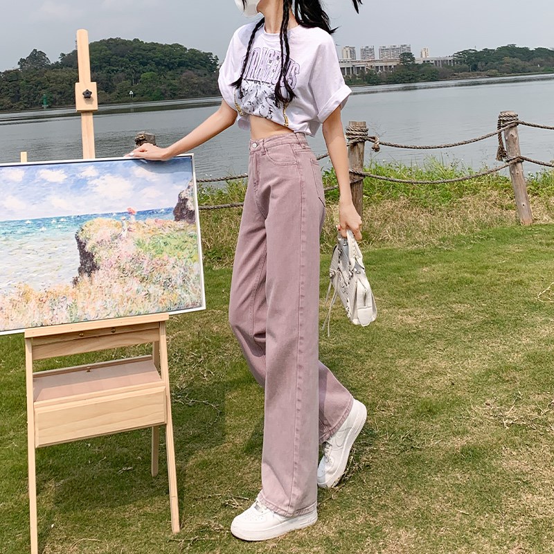 速发紫色直筒牛仔裤薄款202年春装高腰垂感宽松窄版阔腿裤子夏