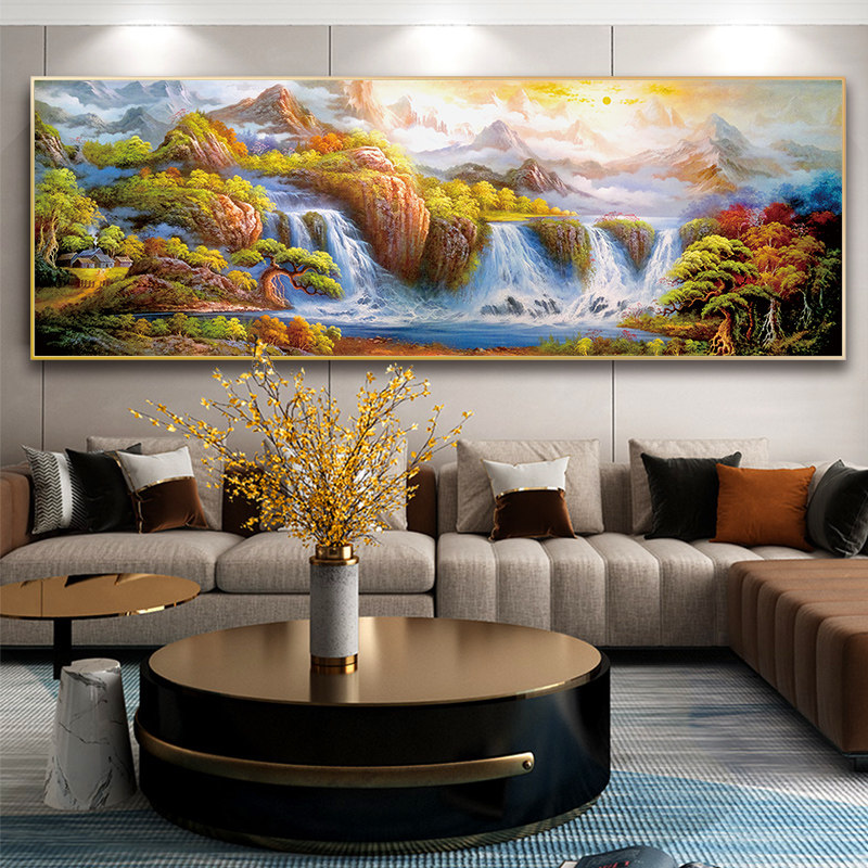 速发聚宝盆山水画式中新茶厅沙发背景墙装饰画办公室挂画客室风景