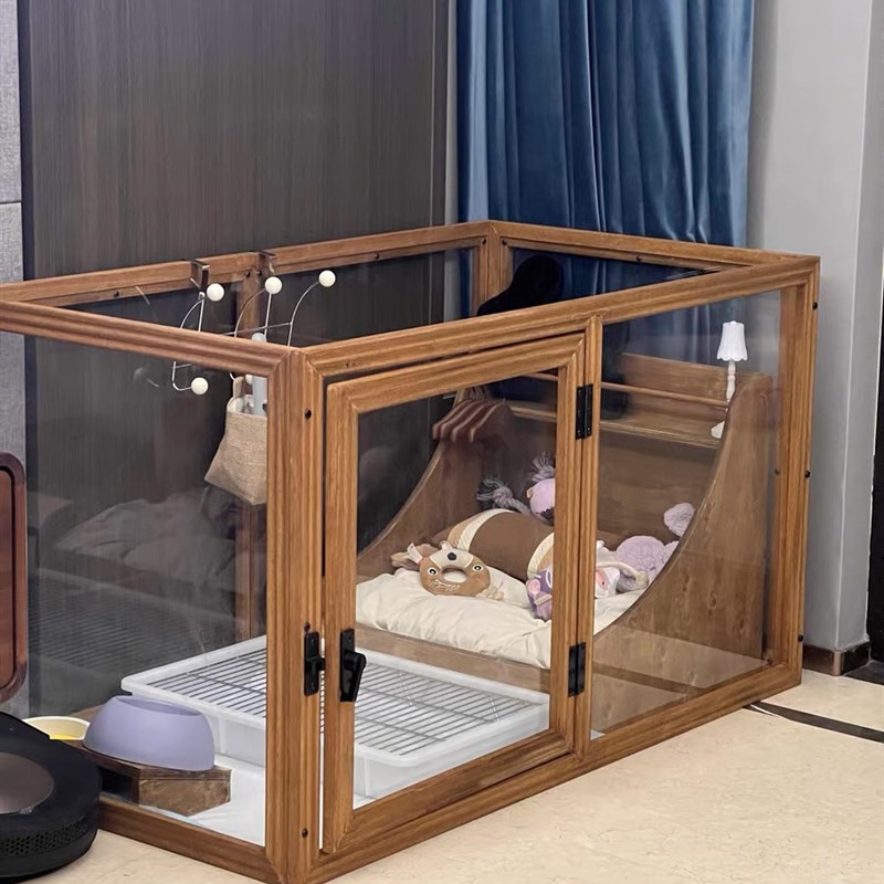 速发【】画境围栏亚笼狗栅栏实木牢固透明狗季力四克通用送碗架