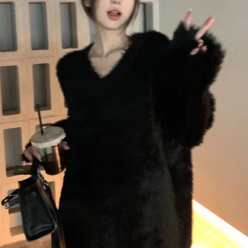 速发毛级感慵懒黑色软糯V领马海高针衣秋冬加厚宽松套头纯欲毛织