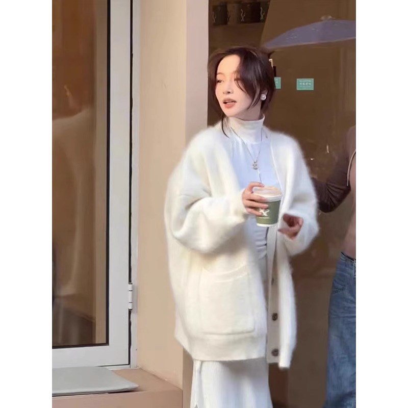 速发白松仿水貂绒毛衣外套秋冬温柔软糯慵懒针高开衫织级感宽色上