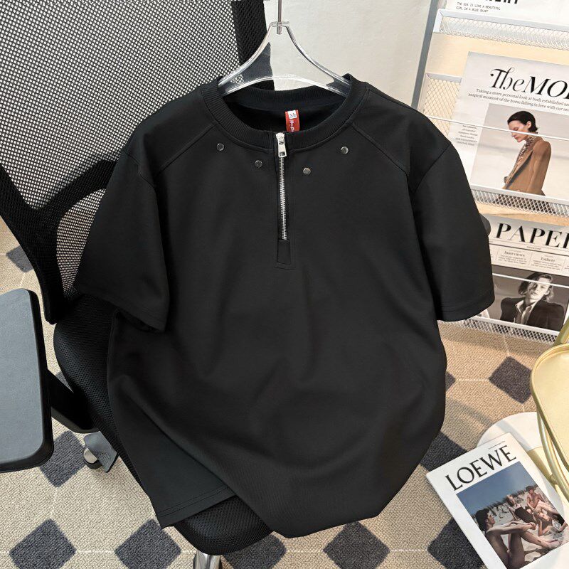 速发衫半柳钉垫肩磅拉链t生宽松休闲纯色简约打底重半袖体恤