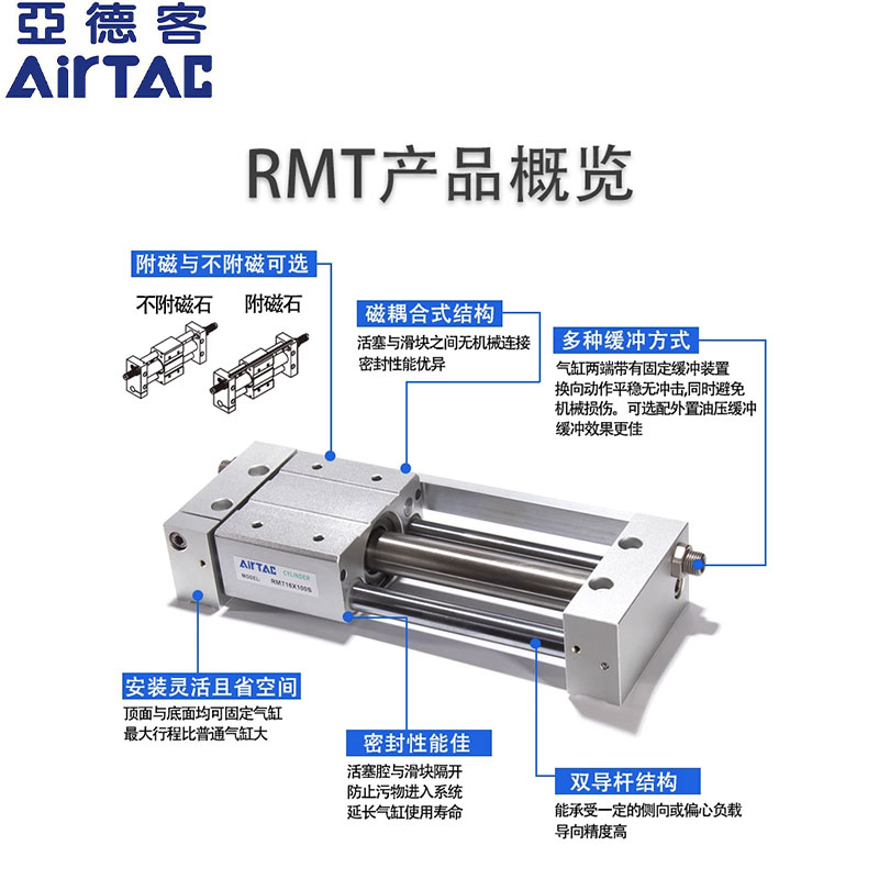 亚德客RMT磁偶式无杆气缸RMTL16/20/25/32/40X100X200X300X400SA