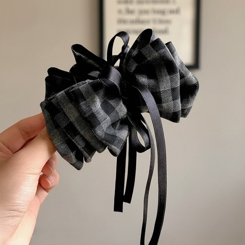 韩系格雷灰磨毛格纹褶皱花苞香蕉夹温柔气质高级飘带蝴蝶结马尾夹