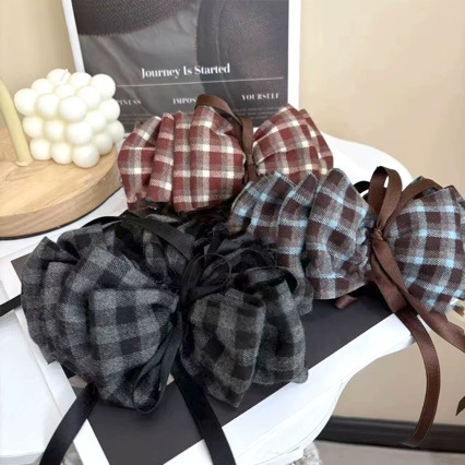 韩国格子香蕉夹蝴蝶结飘带女气质高级感新款盘发格纹竖夹抓夹