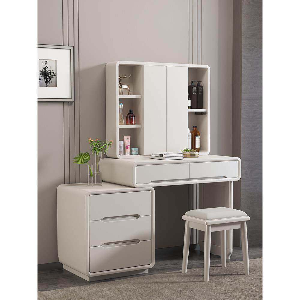 全实木梳妆台镜子可折叠隐藏化妆桌卧室简约现代收纳柜一体化妆台