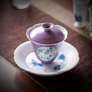 黛紫纯手绘开窗蝶恋花三才盖碗茶杯陶瓷家用简约不烫手泡茶器茶碗