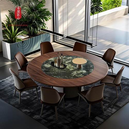 意式现代轻奢电动餐桌椅组合别墅饭厅旋转大理石圆餐桌高端实木桌
