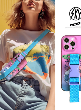 适用iPhone15promax手机壳清新夏日海浪15pro紫色腕带14plus多功能斜挎14支架13P渐变透明12英文潮牌11max女