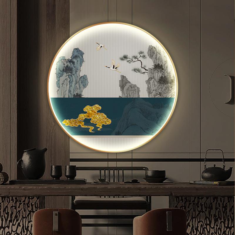 仙鹤图祥云画新中式围炉煮茶书房装饰画圆形LED灯发光挂画抽象壁