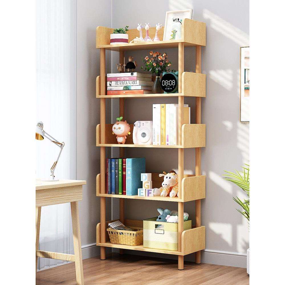 学生家用书架落地置物架儿童简易实木书柜子一体靠墙客厅绘本架