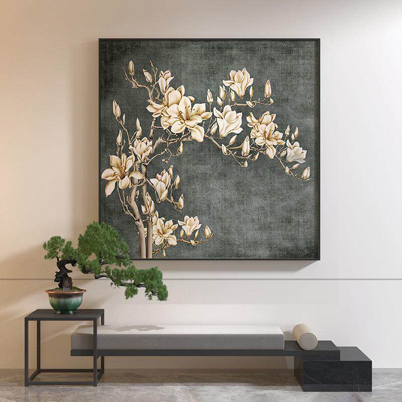新中式装饰画酒店餐厅客厅玄关壁画复古中国风玉兰花古典方形挂画