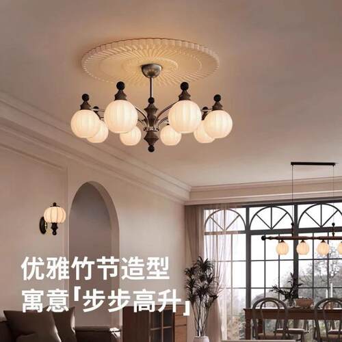 竹节中古风餐厅吊灯新款木质复古餐桌灯一字长条宋式美学灯具