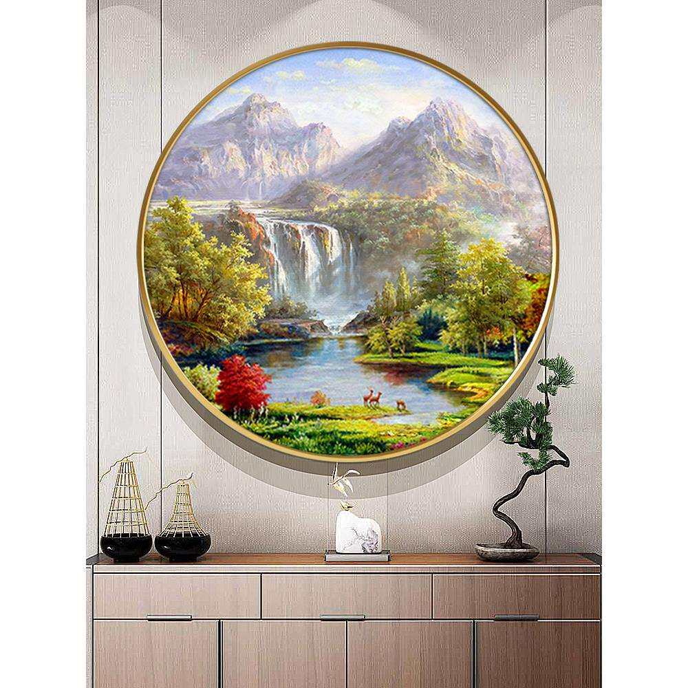 手绘油画玄关装饰画风景山水聚宝盆圆形挂画客厅餐厅挂画美式壁画