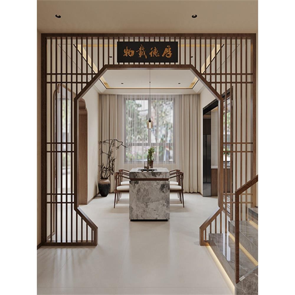 中式月亮门仿古实木花格圆拱门月洞门玄关客厅隔断镂空木雕博古架