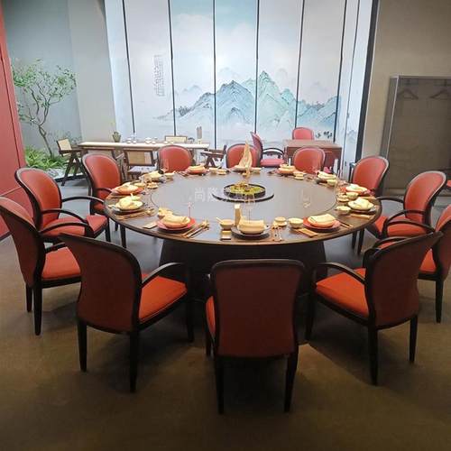 酒店电动大圆桌岩板转盘20人新中式包厢餐桌饭店宴会桌椅现代轻奢