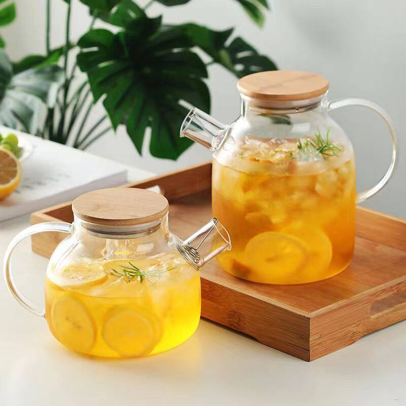 高硼硅玻璃竹盖壶扎壶凉水壶果汁壶明火茶壶简约四季壶花茶壶