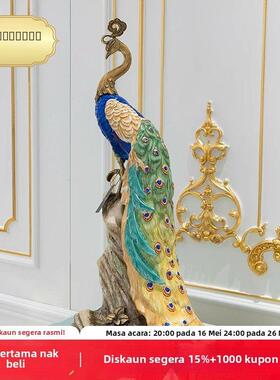 茱莉安法式奢华手工陶瓷镶铜蓝色孔雀别墅客厅门厅桌面装饰摆件