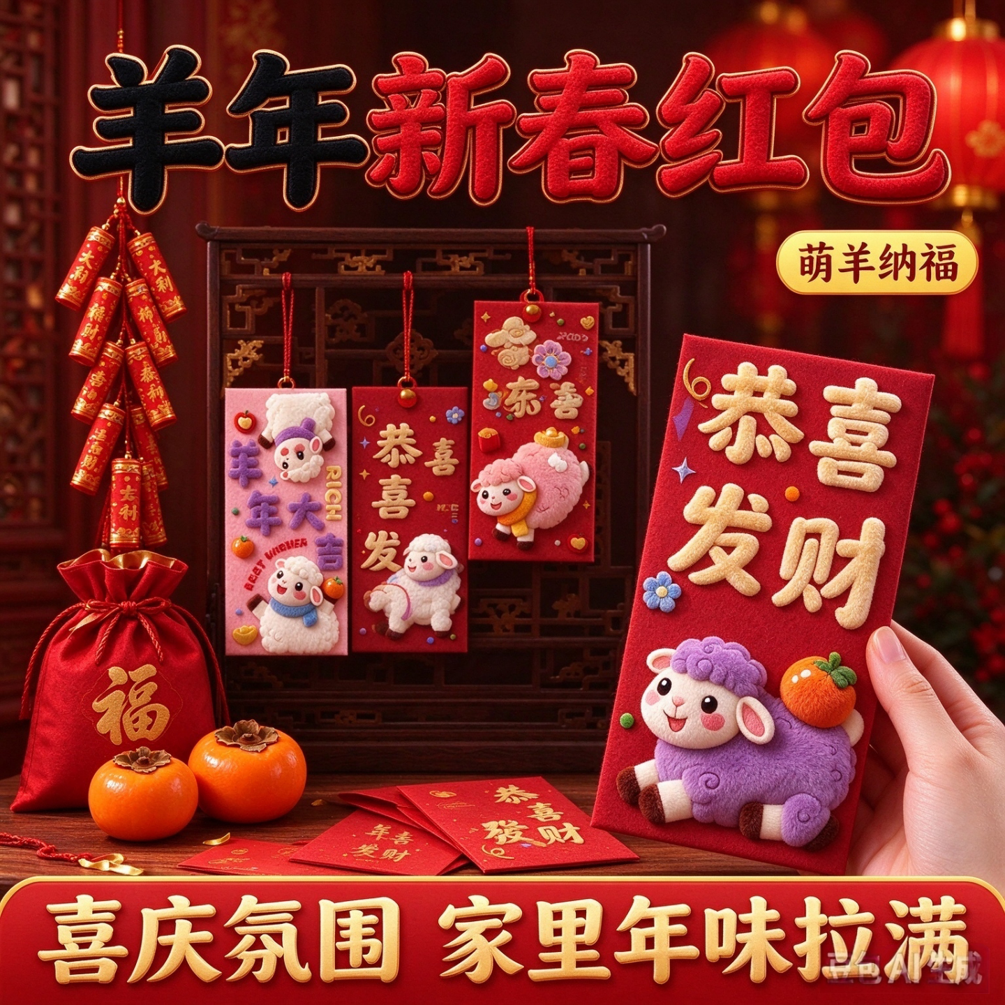 2027羊年3D仿刺绣毛绒利是封