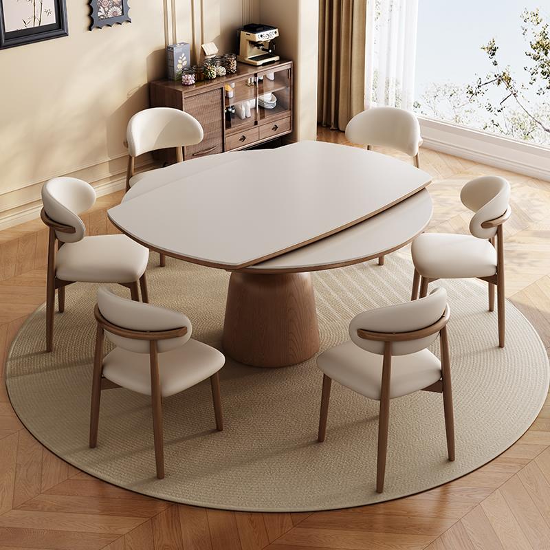 实木岩板餐桌中古风2025新款家用小户型可变圆桌吃饭桌椅组合客厅