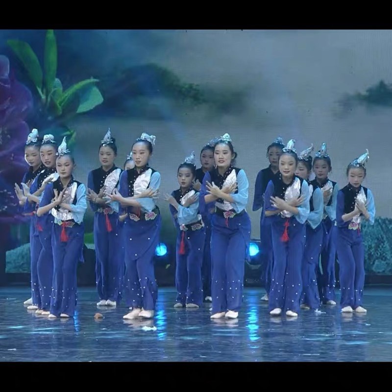 速发桃李杯喜鹊喳喳喳群舞舞蹈演出服装秧歌民族古典舞表演服装蓝