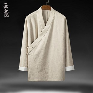 速发唐斜襟汉服男中国风亚麻春装 士袍服 复古风棉麻禅意居道服中式