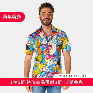 休闲上衣吸晴oppo西装 OPPOSUITS衬衫 时尚 印花衬衣短袖 男IP联名款