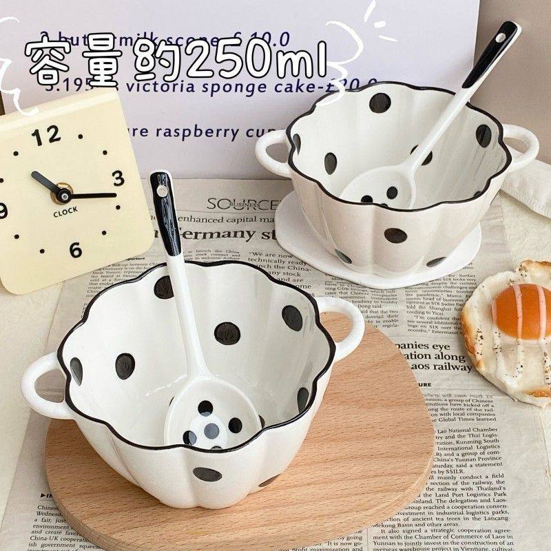 赫本风波点陶瓷6英寸双耳防烫南瓜碗带勺家用水果沙拉饭碗ins餐具,餐饮具,盖碗,淘宝优惠券,粉丝福利购,淘宝优惠卷