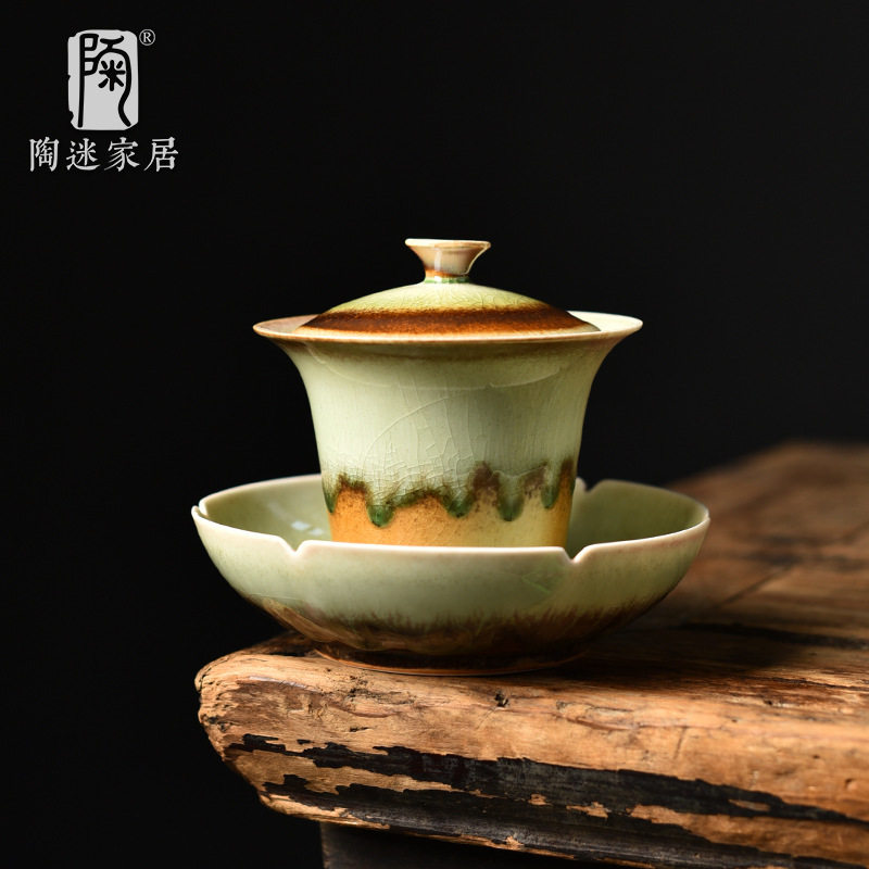 陶迷清水柴烧盖碗流釉茶壶茶具大号泡茶碗冰裂中式风三才碗不烫手