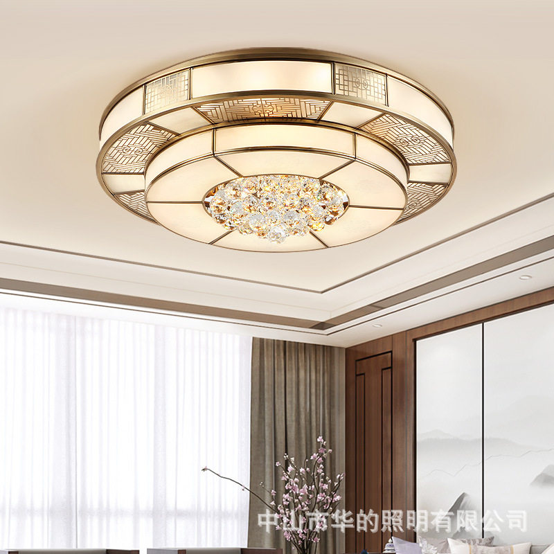 新中式吸顶灯水晶灯中国风圆形全铜客厅灯具别墅餐厅卧室古典铜灯