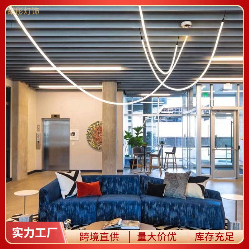 极简线条艺术设计师客厅餐厅loft挑空复式楼梯别墅楼梯间个性吊灯