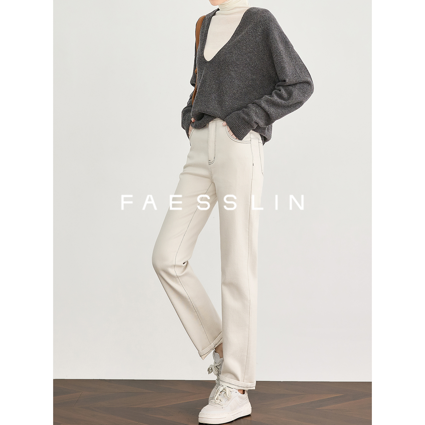 FAESSLIN明线压轴直筒牛仔裤