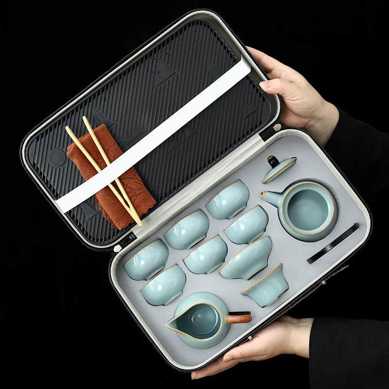 汝窑简约旅行功夫茶具家用便携式小套装喝茶户外陶瓷整套茶壶茶杯