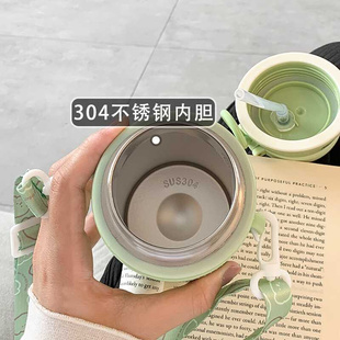 可爱保温杯女高颜值带吸管背带水杯大人学生女生网红简约便携杯子