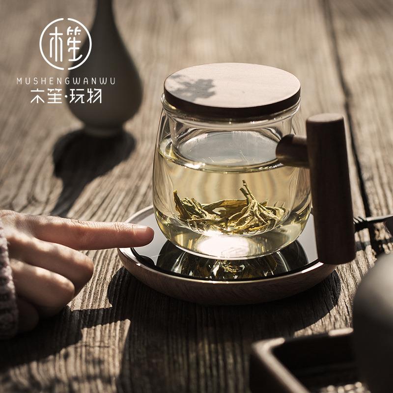 茶具玻璃壶加温杯垫木纹恒温保暖座办公家用玻璃制品养身暖杯器
