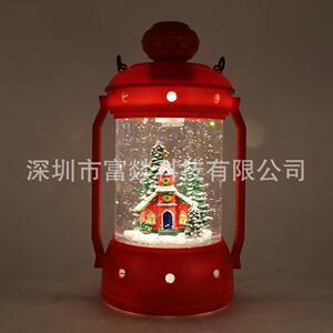 直供煤油灯造型圣诞水球装饰灯 圣诞红房子小提灯摆件LED水晶球灯