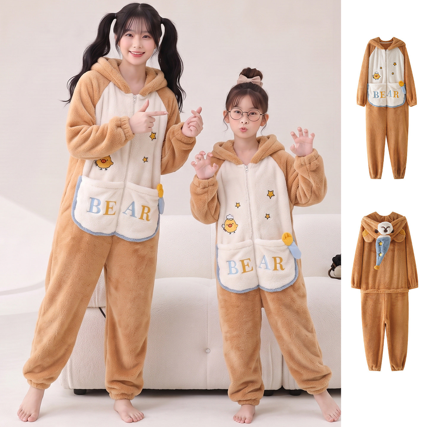 母女装睡衣加绒加厚儿童家居服套装连体服法兰绒女童青少年珊瑚绒
