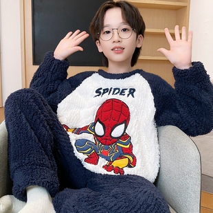 儿童睡衣男孩冬季2025加厚中大童卡通家居服套装秋冬款加绒珊瑚绒