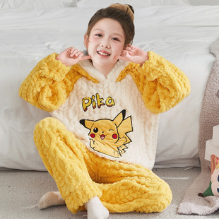 儿童睡衣女童秋冬季加绒加厚法兰绒中大童女孩珊瑚绒家居服套装潮