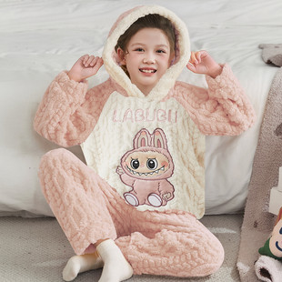 儿童睡衣女童秋冬季珊瑚绒加厚法兰绒中大童女孩拉布布家居服套装