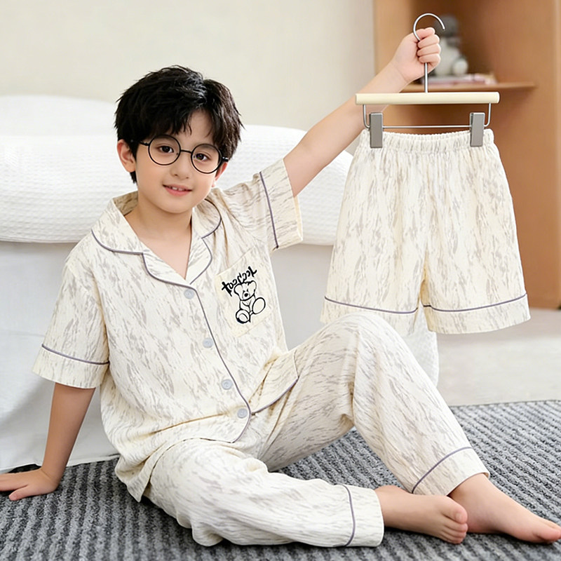 男童睡衣短袖薄款卡通云朵棉网红家居服套装青少年空调服大童夏季