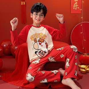 儿童纯棉睡衣红色卡通家居服套装本命年新年亲子装男童马年胖大童