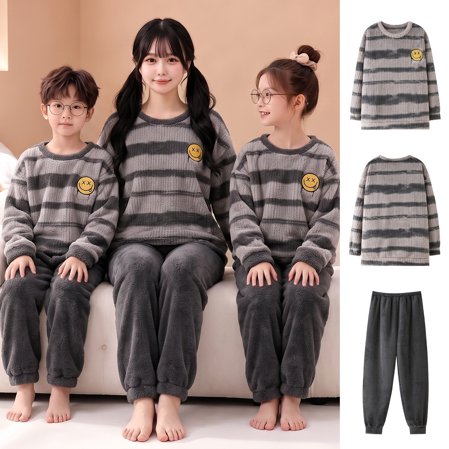 儿童睡衣加绒母女童加厚法兰绒母子装家居服套装珊瑚绒条纹青少年
