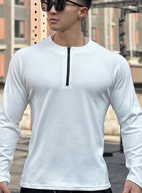 美式亨利衫德绒秋冬修身打底T恤高弹显大健身运动男拉链保暖长袖