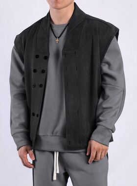 马甲无袖男装秋季厚款开衫外套新中式宽肩双排扣休闲轻熟潮流学生