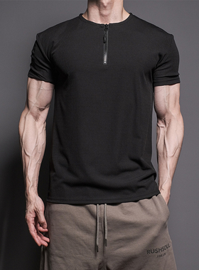 美式半拉链亨利领短袖抗皱保型欧美风肌肉男士健身上衣商务休闲