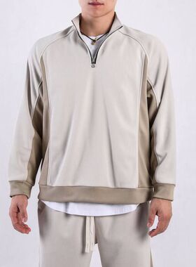 美式休闲半拉链春秋季男装新款拼色宽松运动休闲立领长袖套头卫衣