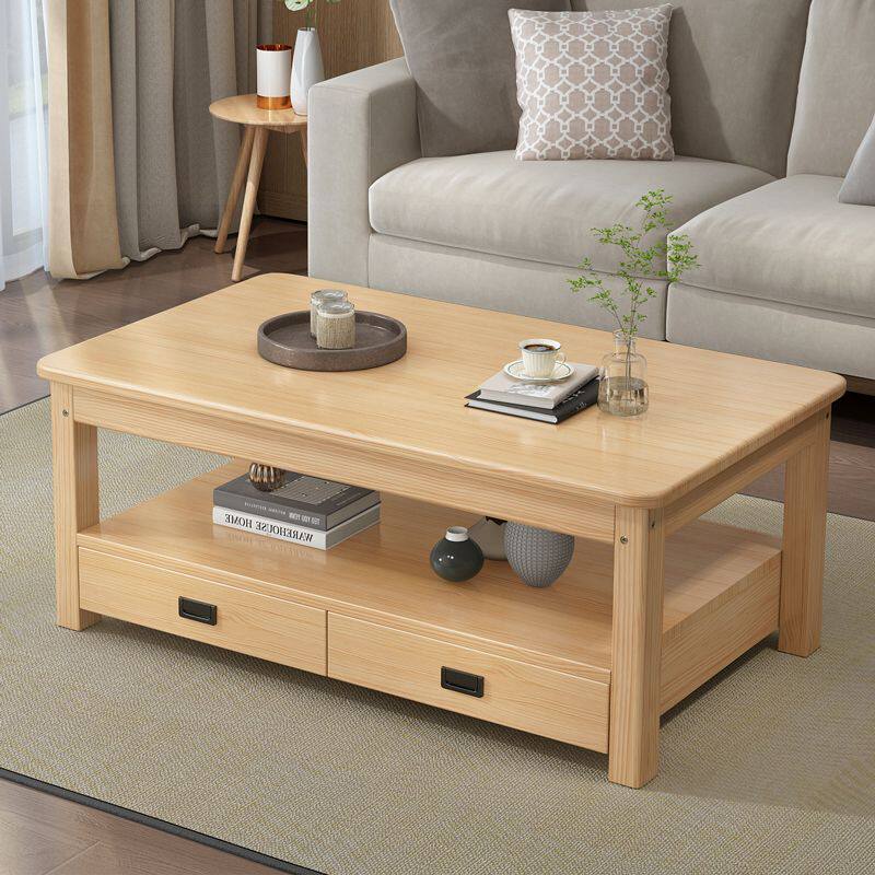 实木方形双层抽屉茶几